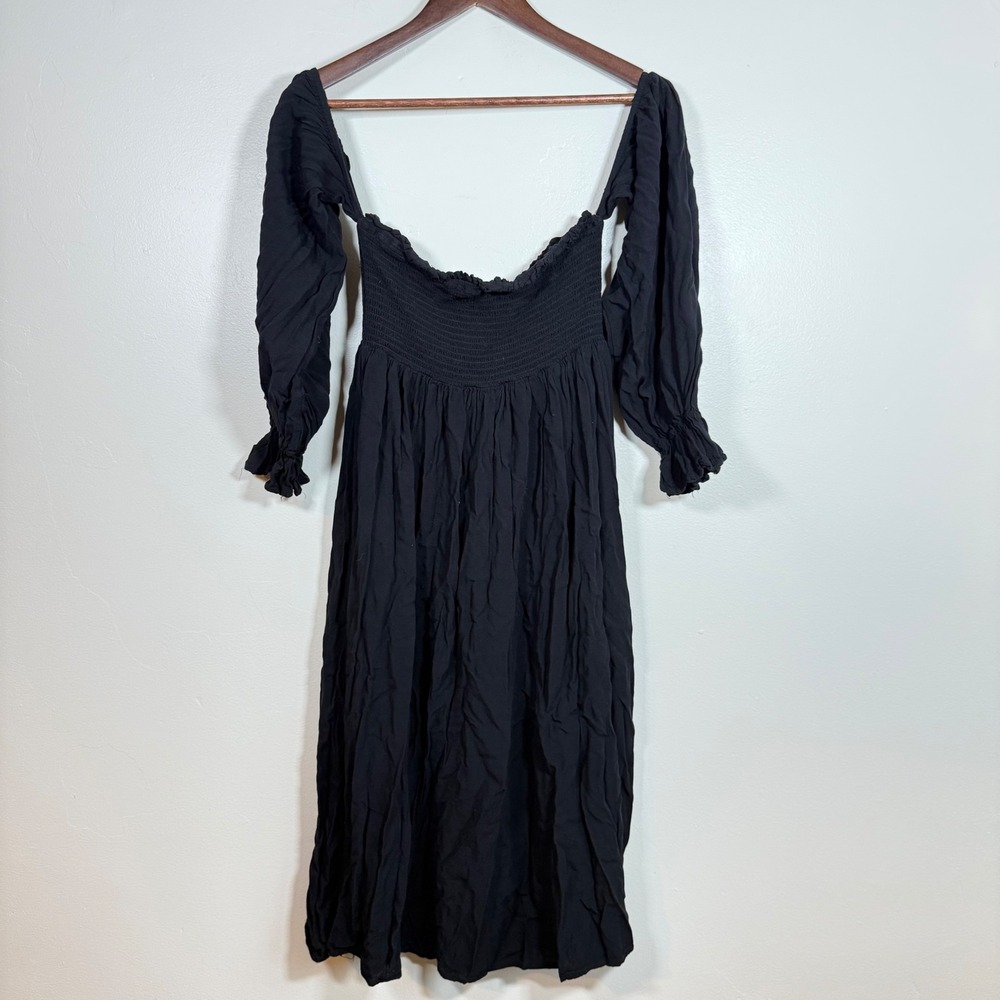 R.Vivimos Smocked Puff Sleeve Boho Midi Dress Size Medium Black